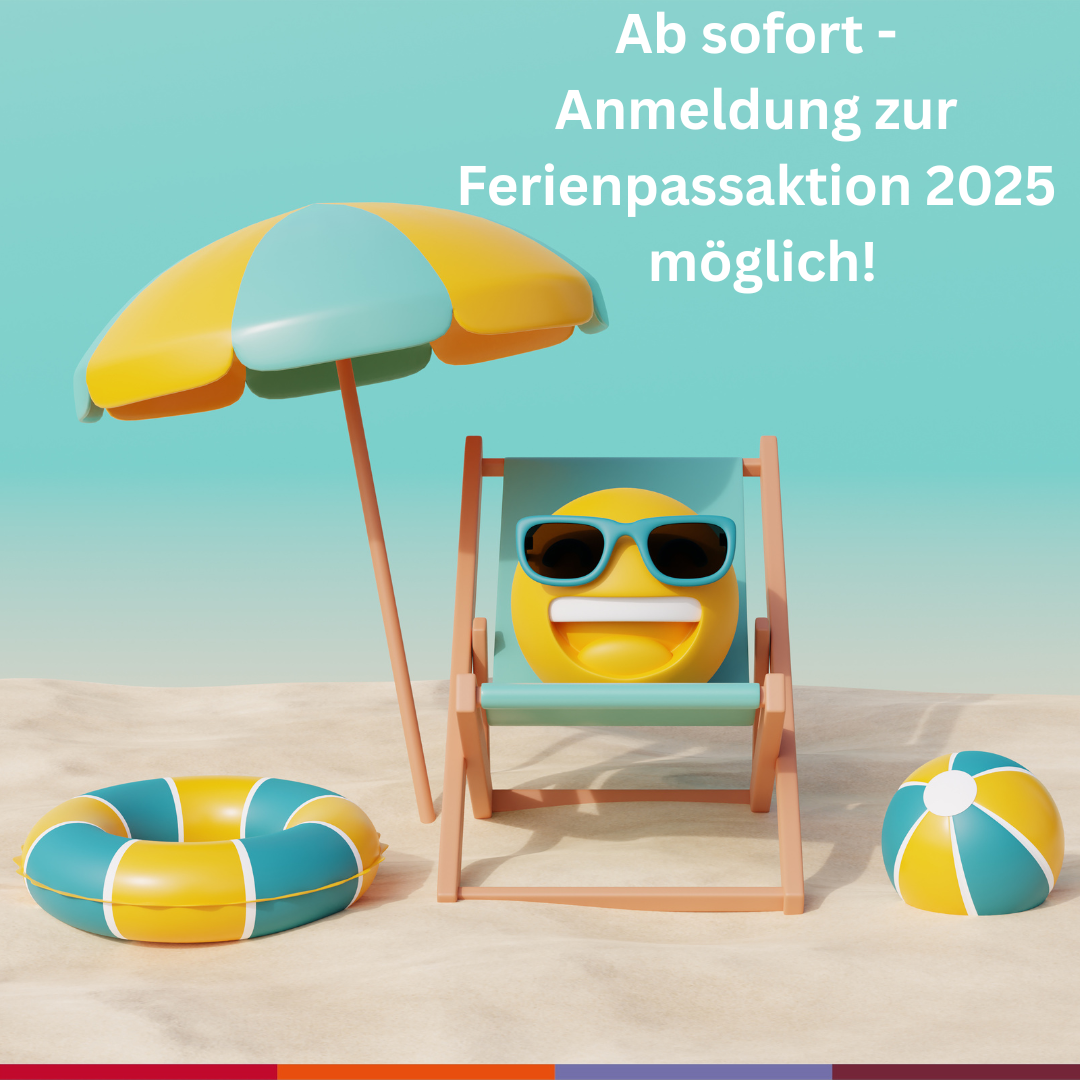 Smiley der auf einer Sonnenliege, daneben Sonnenschirm und Spielbälle