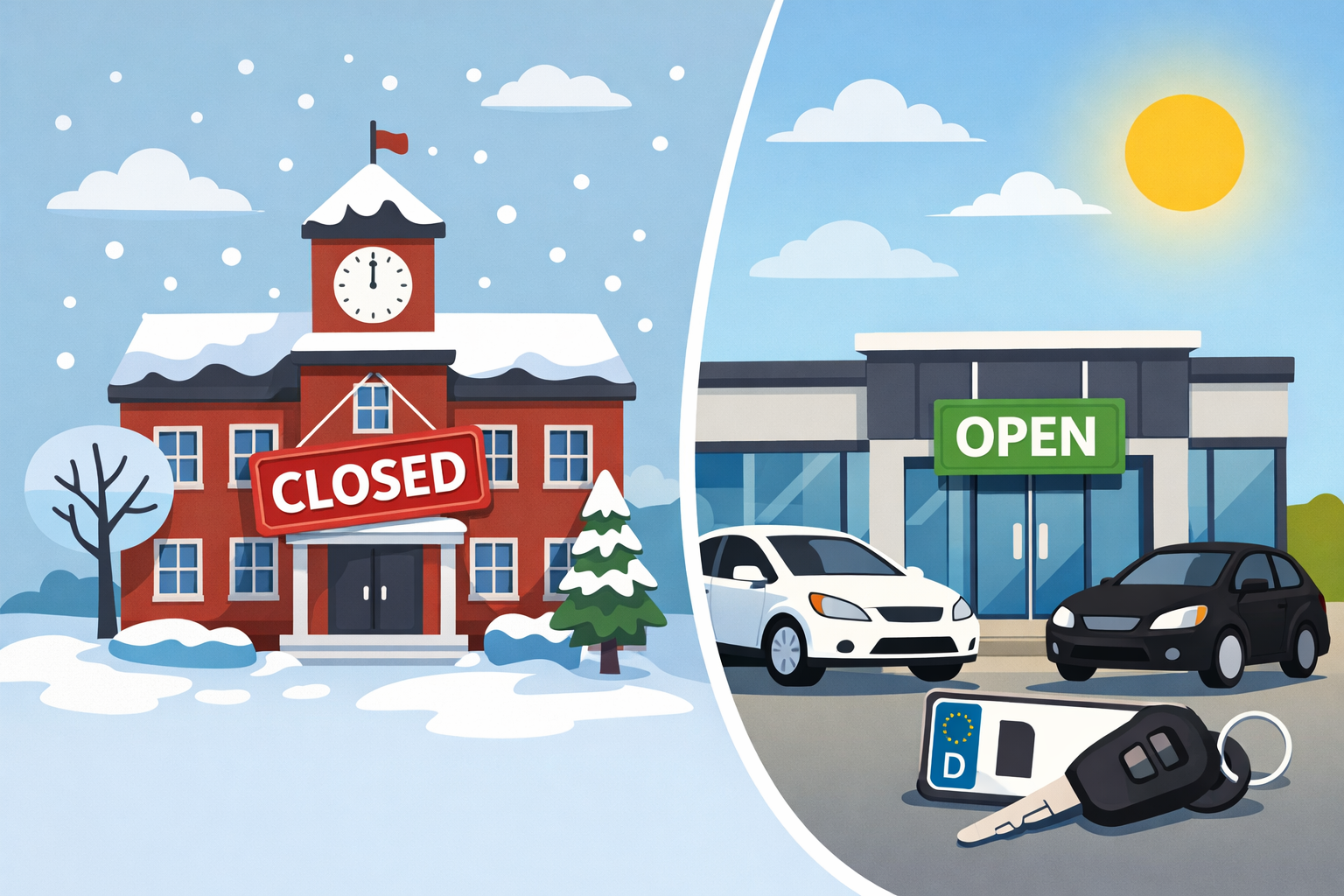 Comic-Grafik mit geschlossenem Rathaus und offener Zulassungsstellle. KI generierter Inhalt