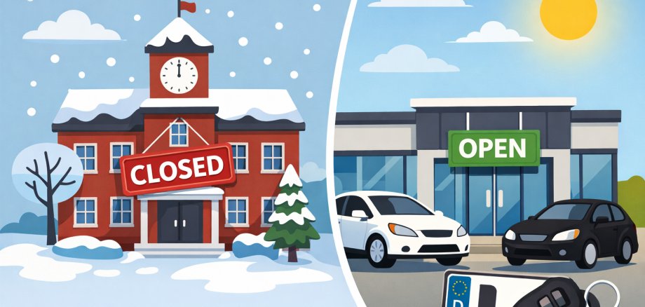 Comic-Grafik mit geschlossenem Rathaus und offener Zulassungsstellle. KI generierter Inhalt