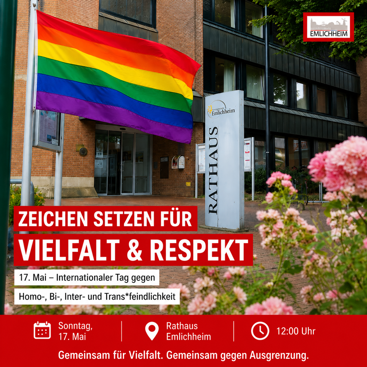 Flyer der das Rathaus und die Regenbogenflagge zeigt
