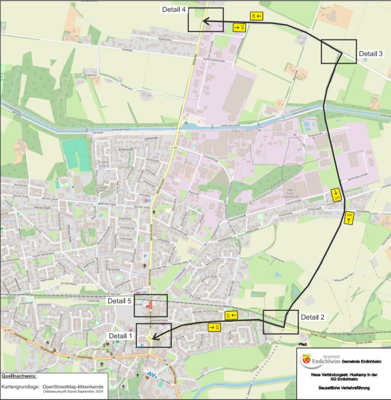 Zeigt Kartenmaterial von OpenStreetMap mit Umleitungsstrecke